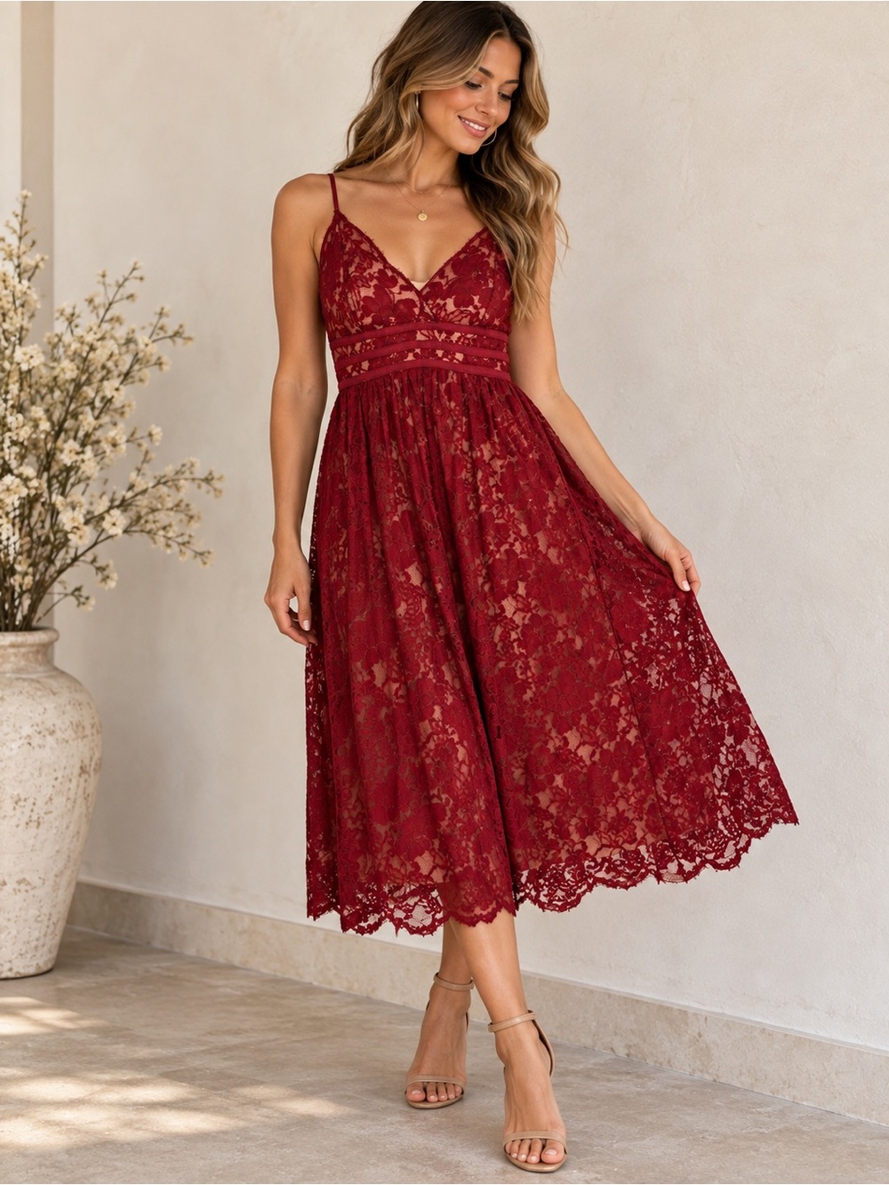 Lulus Burgundy Red Lace Midi Dress Size Large Spaghetti Strap Romantic Formal